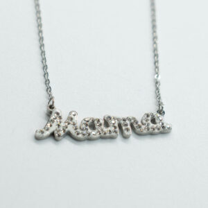 SILVER STEEL NECKLACE "MOM" WITH RHINESTONES